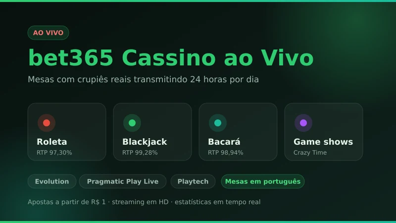 bet365 cassino ao vivo — roleta, blackjack, bacará e game shows com RTP de cada mesa